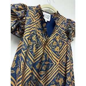 New Alden‎ Adair Women's Shirt With Ruffled Sleeves XS In Blue And Gold Boutique